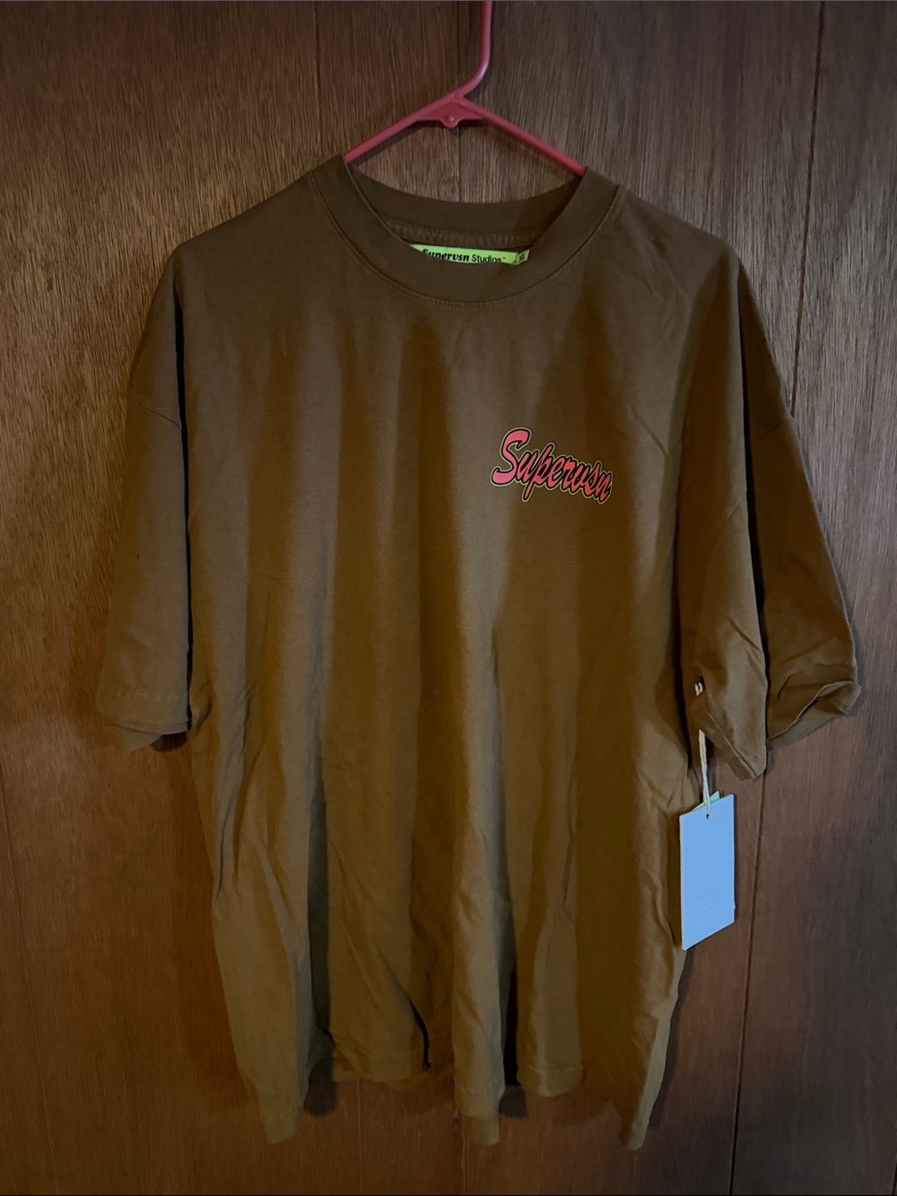 Supervsn Brown Short-Sleeve Crewneck T-Shirt with Red Script